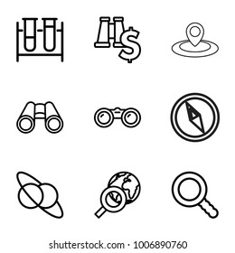 Discovery icons. set of 9 editable outline discovery icons such as test tube, planet and satellite, globe search, binoculars with dollar sign, binoculars, search, map location