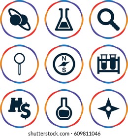 Discovery icons set. set of 9 discovery filled icons such as test tube, magnifier, search, compass, binoculars with dollar sign