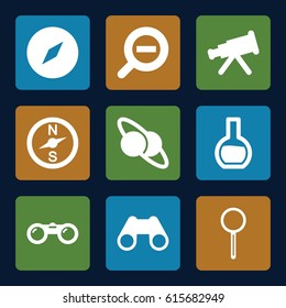 Discovery icons set. set of 9 discovery filled icons such as binoculars, magnifier, zoom out, test tube, planet and satellite, compass