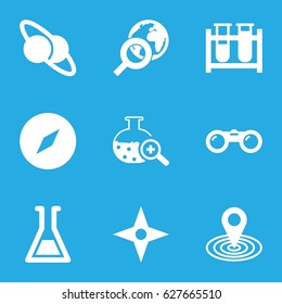 Discovery icons set. set of 9 discovery filled icons such as map location, test tube, test tube search, compass, binoculars, globe search