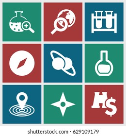 Discovery icons set. set of 9 discovery filled icons such as map location, test tube, test tube search, compass, globe search, binoculars with dollar sign