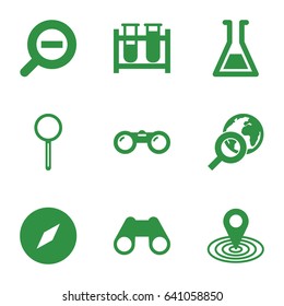 Discovery icons set. set of 9 discovery filled icons such as map location, test tube, binoculars, magnifier, zoom out, globe search