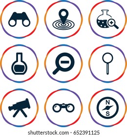 Discovery icons set. set of 9 discovery filled icons such as map location, binoculars, magnifier, test tube search, zoom out, test tube, compass