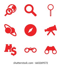 Discovery icons set. set of 9 discovery filled icons such as binoculars, magnifier, search, globe search, binoculars with dollar sign, planet and satellite, telescope