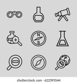 Discovery icons set. set of 9 discovery outline icons such as test tube search, zoom out, test tube, binoculars, telescope, compass