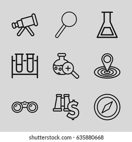 Discovery icons set. set of 9 discovery outline icons such as map location, test tube, magnifier, test tube search, binoculars, telescope, compass