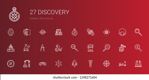 discovery icons set. Collection of discovery with compass, test tube, spaceship, science, binoculars, flask, magnifying glass, observatory. Editable and scalable discovery icons.