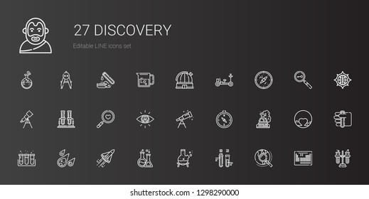 discovery icons set. Collection of discovery with explore, test tube, flask, space shuttle, meteorite, compass, telescope, searching, magnifying glass. Editable and scalable discovery icons.