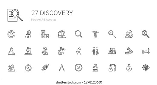 discovery icons set. Collection of discovery with flask, microscope, compass, space shuttle, Aristotle, test tube, telescope, zoom in, loupe. Editable and scalable discovery icons.