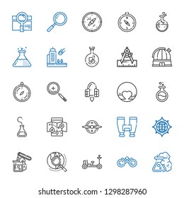 discovery icons set. Collection of discovery with flask, binoculars, moon rover, explore, test tube, compass, mobile map, pluto, spaceship. Editable and scalable discovery icons.