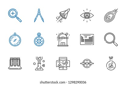 discovery icons set. Collection of discovery with flask, compass, mobile map, test tubes, loupe, periodic table, observatory, wind rose. Editable and scalable discovery icons.