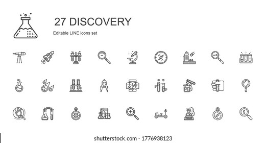 discovery icons set. Collection of discovery with flask, moon rover, zoom in, wind rose, explore, test tube, mobile map, compass, meteorite. Editable and scalable discovery icons.