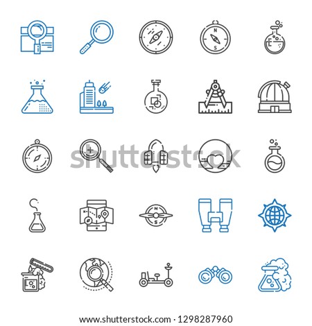 discovery icons set. Collection of discovery with flask, binoculars, moon rover, explore, test tube, compass, mobile map, pluto, spaceship. Editable and scalable discovery icons.
