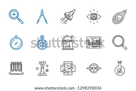 discovery icons set. Collection of discovery with flask, compass, mobile map, test tubes, loupe, periodic table, observatory, wind rose. Editable and scalable discovery icons.