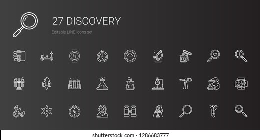 discovery icons set. Collection of discovery with loupe, flask, binocular, aristotle, compass, science, meteorite, telescope, test tube. Editable and scalable discovery icons.