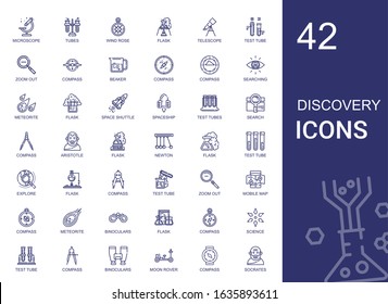 discovery icons set. Collection of discovery with microscope, tubes, wind rose, flask, telescope, test tube, zoom out, compass, beaker. Editable and scalable discovery icons.