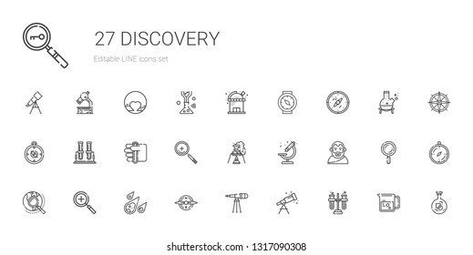 discovery icons set. Collection of discovery with tubes, telescope, compass, meteorite, zoom in, explore, aristotle, microscope, flask. Editable and scalable discovery icons.