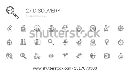 discovery icons set. Collection of discovery with tubes, telescope, compass, meteorite, zoom in, explore, aristotle, microscope, flask. Editable and scalable discovery icons.