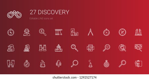 discovery icons set. Collection of discovery with wind rose, flask, loupe, spaceship, compass, binoculars, magnifying glass, mobile map. Editable and scalable discovery icons.