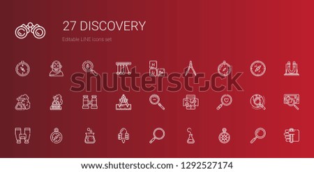 discovery icons set. Collection of discovery with wind rose, flask, loupe, spaceship, compass, binoculars, magnifying glass, mobile map. Editable and scalable discovery icons.
