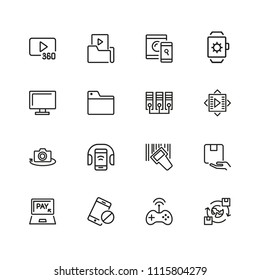 Discovery icons. Set of line icons. Video content, data exchange, online service. Discovery concept. Vector illustration can be used for topics like digital device, multimedia, apps.