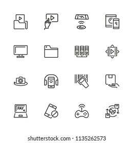 Discovery icons. Set of line icons. Video content, data exchange, online service. Discovery concept. Vector illustration can be used for topics like digital device, multimedia, apps.