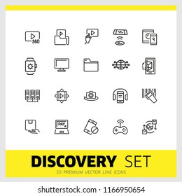 Discovery icons. Set of line icons. Video content, data exchange, online service. Discovery concept. Vector illustration can be used for topics like digital device, multimedia, apps.