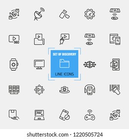 Discovery icons. Set of line icons. Video content, data exchange, online service. Discovery concept. Vector illustration can be used for topics like digital device, multimedia, apps.