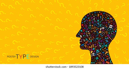 Discovery and learning conceptual illustration. Yellow background with texture from questions and human head design element with letters