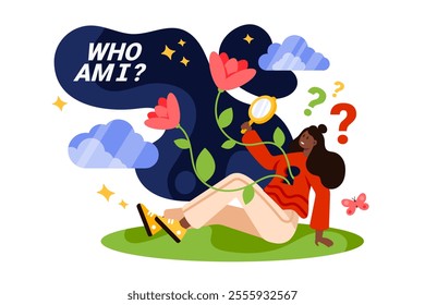 Discovery of new genuine talents and hidden skills in yourself, believe in dreams. Tiny girl holding magnifying glass to discover inner space with flowers and plants cartoon vector illustration