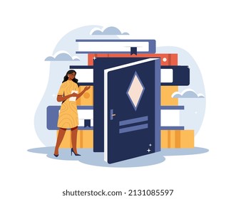 Discovery of new knowledge. Girl in library, useful hobbies and woman with books. Character opens door to unknown. Student, education, learning and self development. Cartoon flat vector illustration