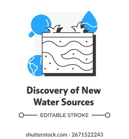 Entdeckung von neuen Wasserquellen flachen Umriss Konzept Symbol. Innovative Lösung. Ausbau der Strategie für die Flüssigkeitsversorgung . Moderne Liniendarstellung mit blauen Glyphen. Konzeptuell visuell. Einfache Bearbeitung