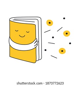 Discovery, opening a cute smiley fascinating book character with a fantastic world inside, exploration and creativity, inspiration, and imagination concept. Outline isolated vector on white.