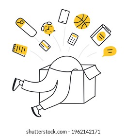 Discovery, research, finding, and creative process. Cute cartoon person diving in the box trying to find some answers inside, search among different stuff. Thin line vector illustration on white.