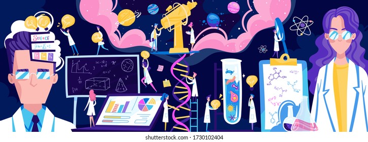 Discovery science, education research in chemistry laboratory template of flyer, posters, banners vector illustration. Chemistry biology science discovery background, scientists, chemical formula.