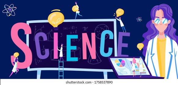 Discovery science, experiments, word with flat scientific formulas and scientist vector illustration, horizontal banner. Typography and chemistry laboratory, biotechnology and scientific education.