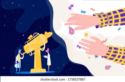 Discovery, science, life search in univerce, microbiology and astronomy study vector illustration. Scientific research of viruses and bacterias in cosmos, scientists with telescope, discovery.