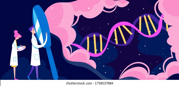 Discovery, science, microbiology, dna study vector illustration. Experiment and scientific research study, scientists in lab researching molecule structure, biotechnology and biology.