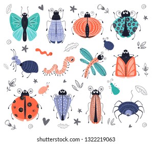 Discovery set of cute cartoon bugs or beetles, butterflies. Isolated elements, clipart on a white background. Scandinavian, flat. Design of cards, prints, posters. Childrens illustration