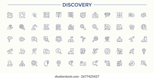 Conjunto de iconos de línea simple de descubrimiento. Iconos de estilo lineal delgado. Trazo editable. colección de Vector. Investigar conjunto de iconos modernos. Incluye símbolos de línea delgada para magnificar, Explore, magnificar, investigar y más.