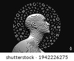 Discovery, studying and learning concept. Brain training. Development of thinking abilities. Halo of letters in chaotic order above the man's head. Vector illustration for education.