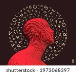 Discovery, studying and learning concept. Brain training. Development of thinking abilities. Halo of letters in chaotic order above the man's head. Vector illustration for education.