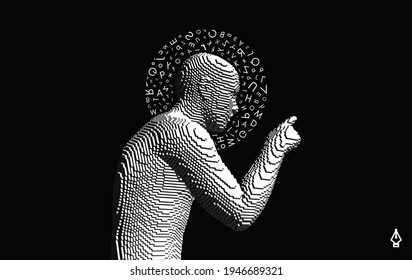 Discovery, studying and learning concept. Brain training. Development of thinking abilities. Halo of letters in chaotic order above the man's head. Vector illustration for education.