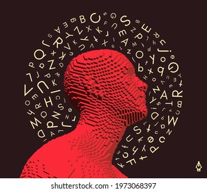 Discovery, studying and learning concept. Brain training. Development of thinking abilities. Halo of letters in chaotic order above the man's head. Vector illustration for education.