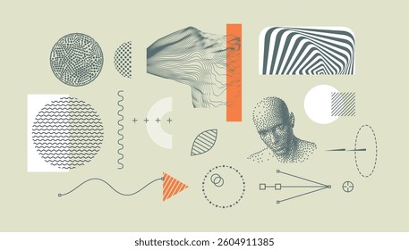 Discovery, studying and learning concept. Time to think. Man scientist thinking. Art composition. A collection of abstract shapes and lines on a green background. The shapes are all different sizes.