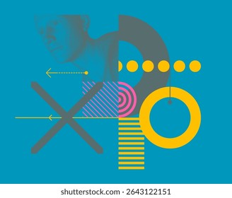 Discovery, studying and learning concept. Time to think. Man scientist thinking. Art composition. Geometrical background. Digital human head constructing from dots. Cover design template. Vector. 