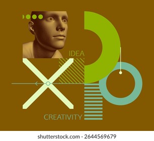 Discovery, studying and learning concept. Time to think. Man scientist thinking. Art composition. Geometrical background. Digital human head constructing from dots. Cover design template. Vector.