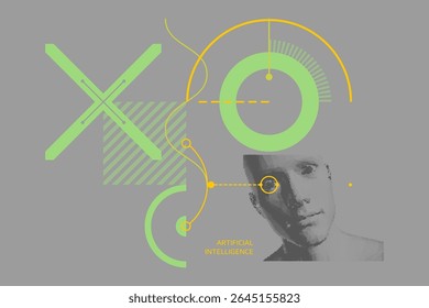 Discovery, studying and learning concept. Time to think. Man scientist thinking. Art composition. Geometrical background. Digital human head constructing from dots. Cover design template. Vector.