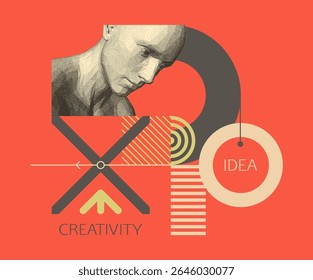 Discovery, studying and learning concept. Time to think. Man scientist thinking. Art composition. Geometrical background. Digital human head constructing from dots. Cover design template. Vector.