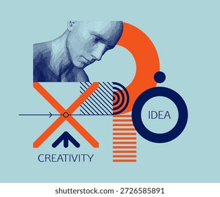 conceito de descoberta, estudo e aprendizagem. Hora de pensar. Homem cientista pensando. Composição artística. Fundo geométrico. Cabeça humana digital construindo de pontos. Modelo de design de capa. Vetor.